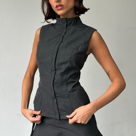 Rita Zip-up Top in Grey Suiting PRE-ORDER